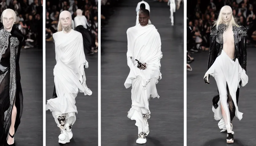 Image similar to alexander mcqueen in the style of rick owens, runway show, fashion photoshoot,