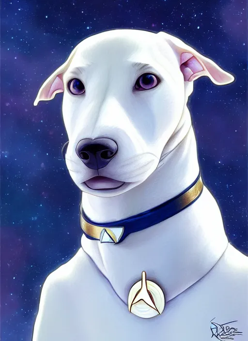 Image similar to cute star trek officer white greyhound, natural lighting, path traced, highly detailed, high quality, digital painting, by don bluth and ross tran and studio ghibli and alphonse mucha, artgerm