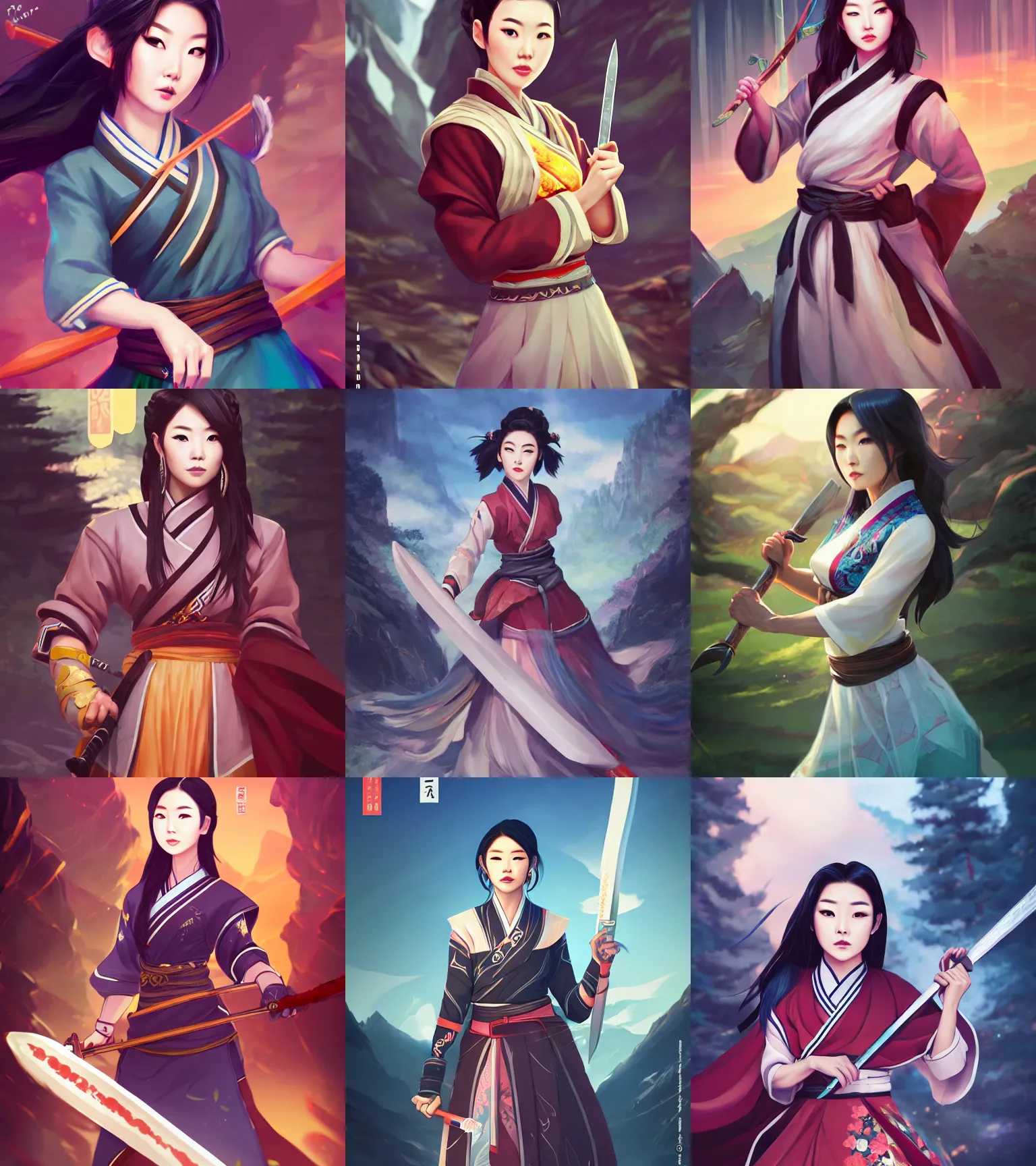 Prompt: a portrait of arden cho chef character in a scenic korean city environment by ross tran and loish, sharp focus, detailed, cinematic, hanbok, radiant sword in her right hand, battle stance