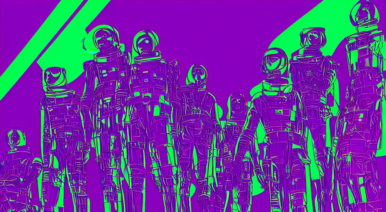 Prompt: hyper detailed bauhaus neon purple & green propaganda poster of mars workers from the 2050s cinematic lighting 8k sharp wide angle shallow depth of field