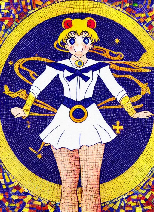 Image similar to perfectly centred portrait of sailor moon, looking in the mirror, in a business suit, futuristic, highly detailed, sharp focus, byzantine mosaic