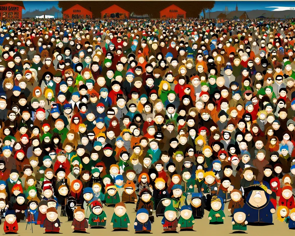 Image similar to south park characters art by hieronymus bosh, triumph of death by pieter brueghel