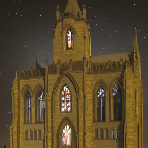 Image similar to victorian church in the middle of the city, dark, misty, at night, 8 k, detailed, concept art, trending on artstation