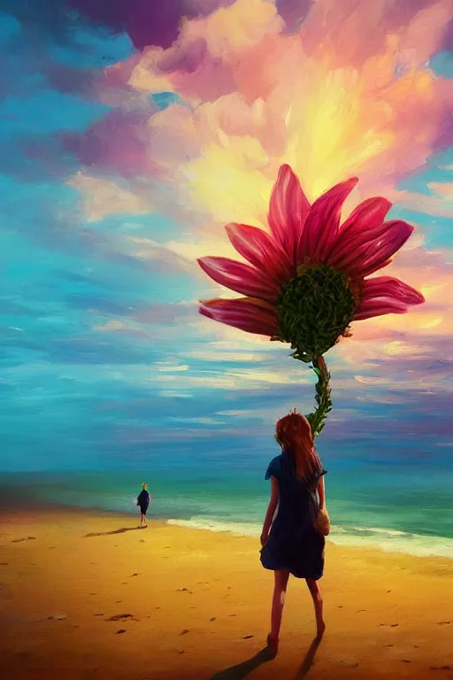 Prompt: giant flower head, girl walking on a beach, surreal photography, sunrise, dramatic light, impressionist painting, colorful clouds, digital painting, artstation, simon stalenhag