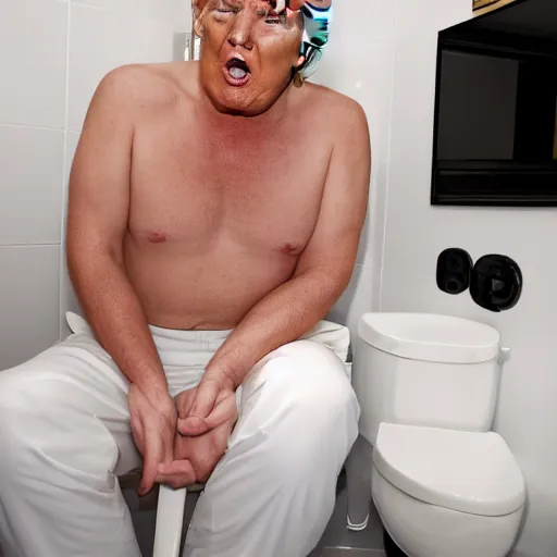 Prompt: Donald trump sitting on a white toilet in a public restroom making a very uncomfortable face, detailed, 8k