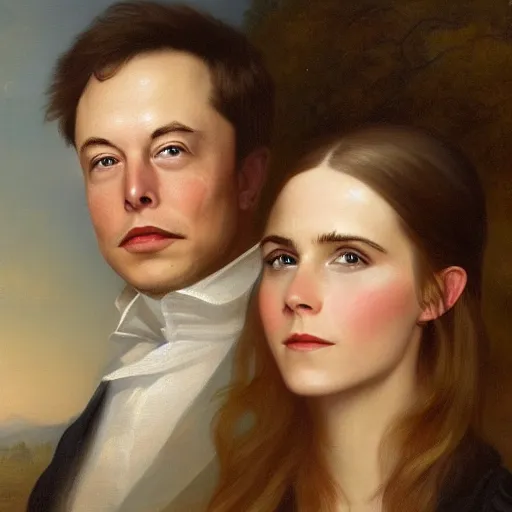 Image similar to elon musk ( left ) and emma watson in an 1 8 5 5 painting by elisabeth jerichau - baumann. painting, oil on canvas