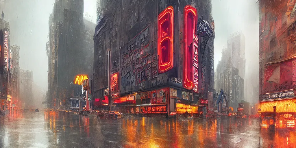 Image similar to an old cinema, new york, rainy day, matte painting, marc simonetti, artstation