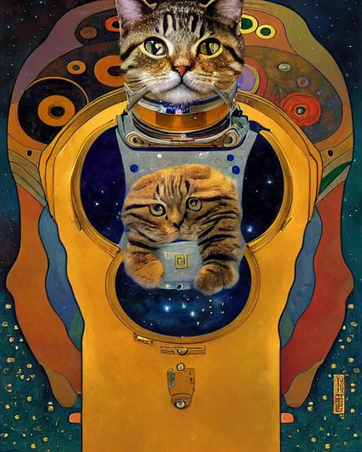 Image similar to cosmonaut cat portrait an oil painting splashes with many colors and shapes by gustav klimt greg rutkowski and alphonse mucha, polycount, generative art, psychedelic, fractalism, glitch art