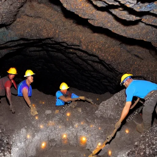 Prompt: photograph of workers mining for black opal in a large cavern, ethereal, shining rocks, award winning