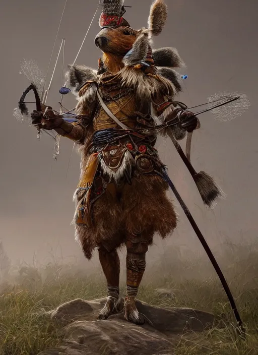 Image similar to detailed full body concept art illustration soft focus oil painting on canvas of an anthropomorphic capybara archer in full intricate clothing, biomutant, dystopian, micro detail, octane render, 4K