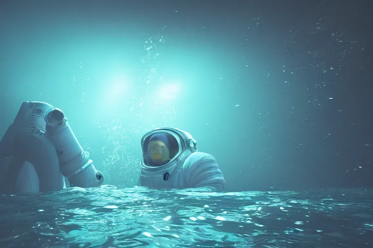 Image similar to astronaut underwater in the ocean at night, volumetric lighting, glowing lights, 4k, octane, unreal engine,