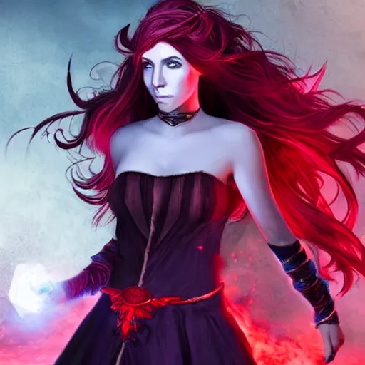 Prompt: beautiful female sorceress, dungeons and Dragons, red hair, glowing eyes, photoreal