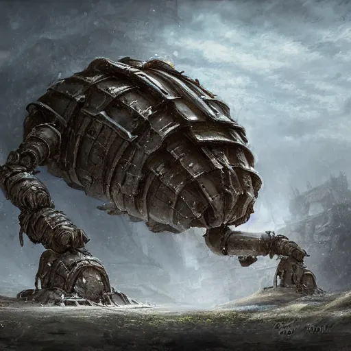 Prompt: giant armored ashigaru beetle war construct golem glowing gnostic brian froud markings magic and steam - punk inspired in an ancient stone circle on a plateau in a blizzard concept painting by jessica rossier, hr giger, john berkey