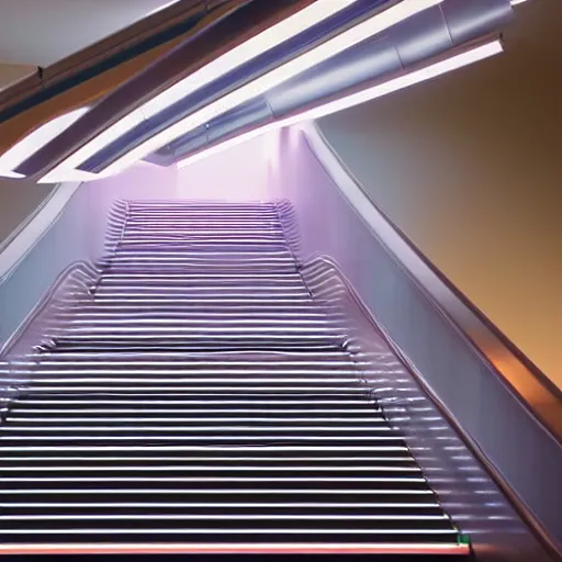 Image similar to approaching futuristic escalator inside white backlit tube with streaming beams of light, scintillating, movement, in the style of james turrell, 8 k, highly detailed, professional photograph, epic composition, modern details