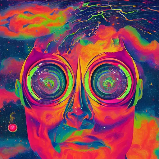 Image similar to surrealist portrait painting of elon musk's acid trip, album cover