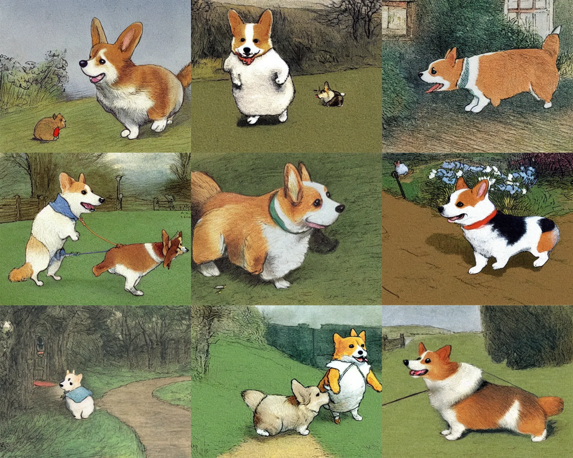 Prompt: An illustration of happy corgi going for a walk, artwork by Beatrix Potter