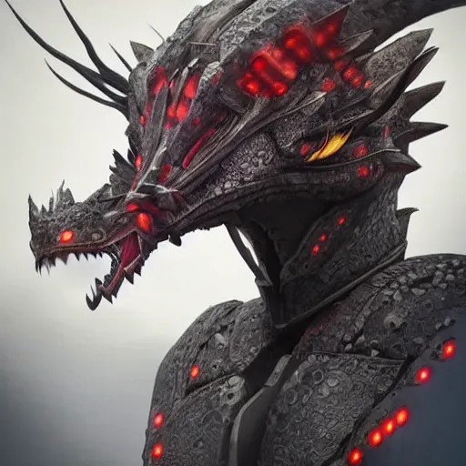 Image similar to stunning cinematic realistic full-body shot, of a beautiful hot anthropomorphic robot female dragon, well designed highly detailed cute female dragon head with slick elegant eyes, a beautiful snout and maw, looking down at the camera with a smirk, well armored, detailed claws, high quality, HD octane render, fantasy, furry art, Artstation, Deviantart, Furaffinity