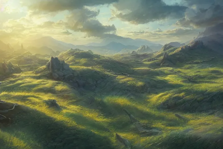 Image similar to high aerial shot, fantasy landscape, sunset lighting ominous shadows, cinematic fantasy painting, dungeons and dragons, rolling hills farmland and pastures, foothills by jessica rossier and brian froud