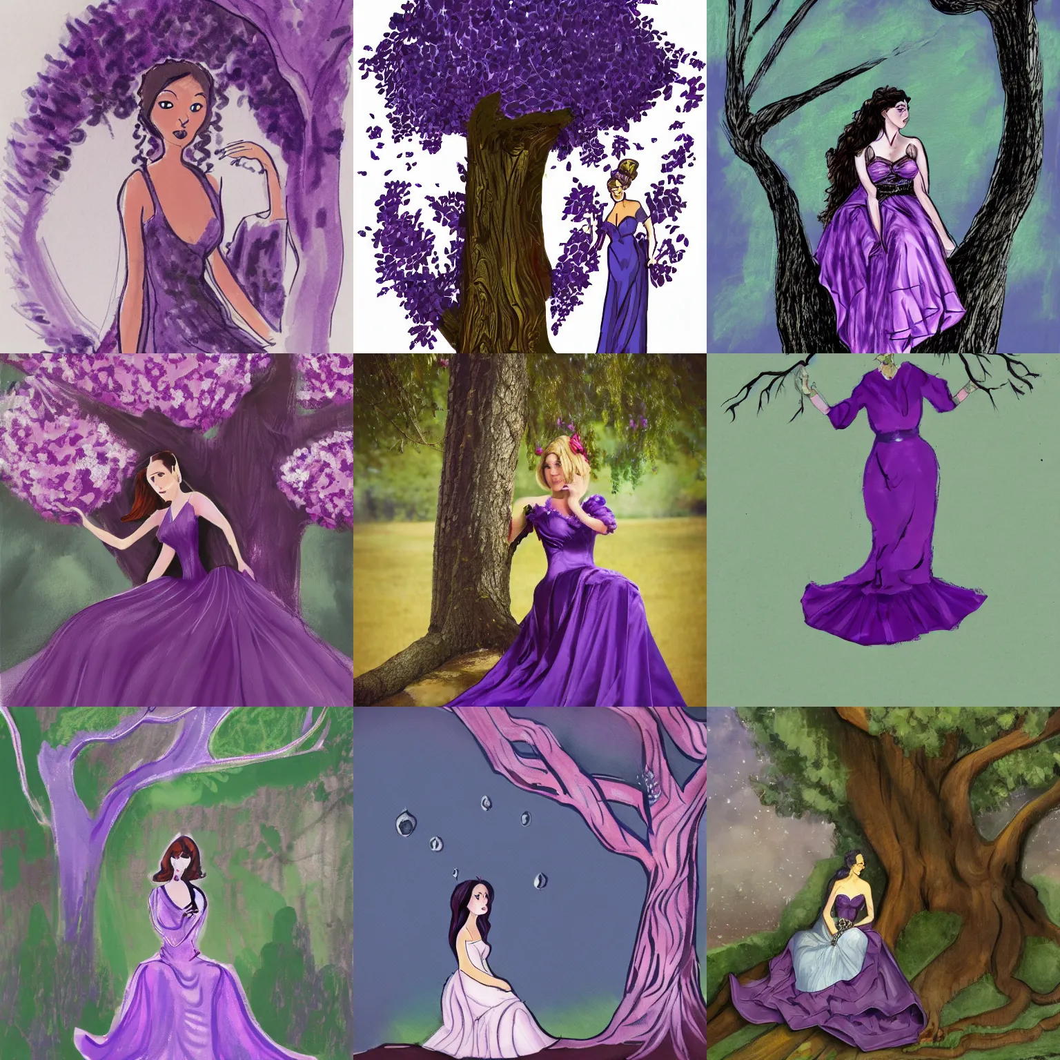 Prompt: fancy lady in purple dress sitting in a tree, concept art