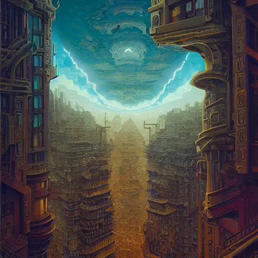 Image similar to A highly symmetrical and deeply coherent painting of an enigmatic city in the clouds, by Justin Gerard and Peter Mohrbacher and Laurie Greasley, award winning, volumetrics, light rays, 50mm lens, 15mm lens, 100mm lens, studio lighting, 8K