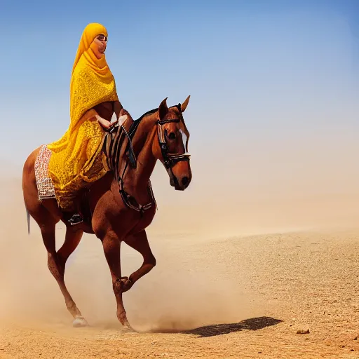 Image similar to ultra - photorealistic, middle eastern woman driving horse and handling weapon, dust, yellow cinematic, 4 k, 8 0 0 mm, uhd, vogue, winning photo of the year, sharp focus, intricate, hyperdetailed