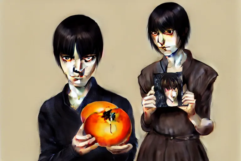 Prompt: tall emo girl artist holding small portraits and a persimmon, on shinkansen in tokyo. hyper detailed, digital art, artstation, cinematic lighting, studio quality, smooth render, by caravaggio, artgerm, greg rutkowski, craig mullins