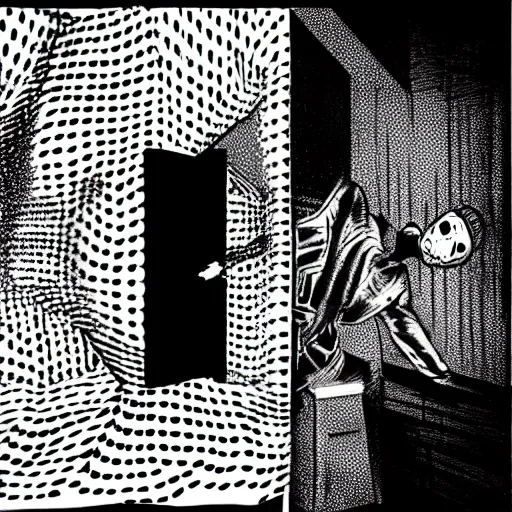 Prompt: drilling neighbor, grid of drilled holes in a room, black and white horror in style of junji ito