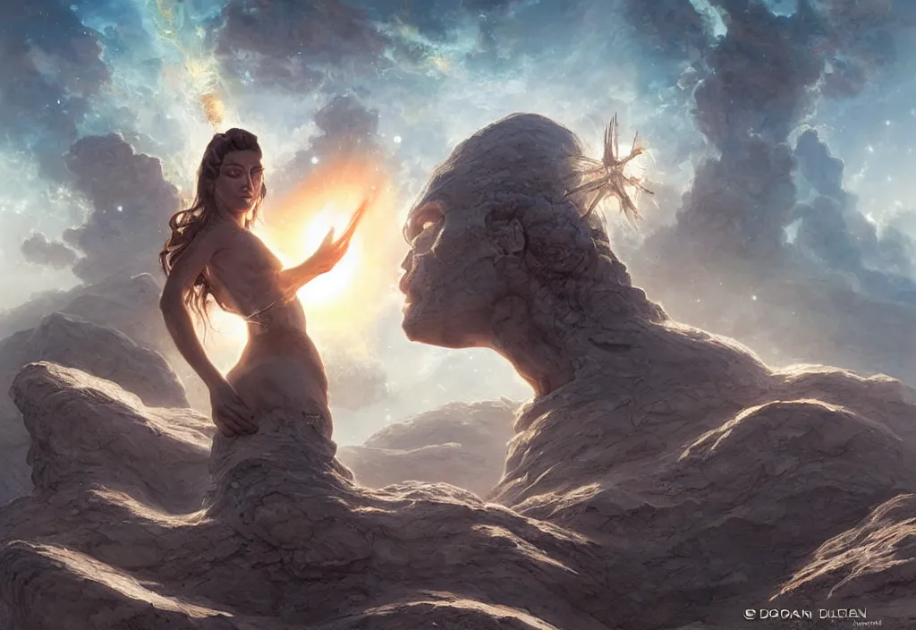 Prompt: an ancient alien female momument staring into space as the sun goes supernova, by dorian cleavenger, by greg rutkowski, by wlop, by astri lohne, by zdzisław beksinsk