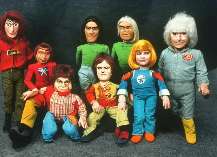 Prompt: a scene from a 1 9 7 0 s british kids tv programme by the bbc and gerry anderson, puppets, thunderbirds, supermarionation, vhs distortion, folk horror, hauntology