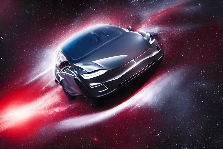 Prompt: A professional photo of a Tesla Model X car in orbit around a black hole; high-quality, dramatic lighting; extremely high detail; trending on artstation