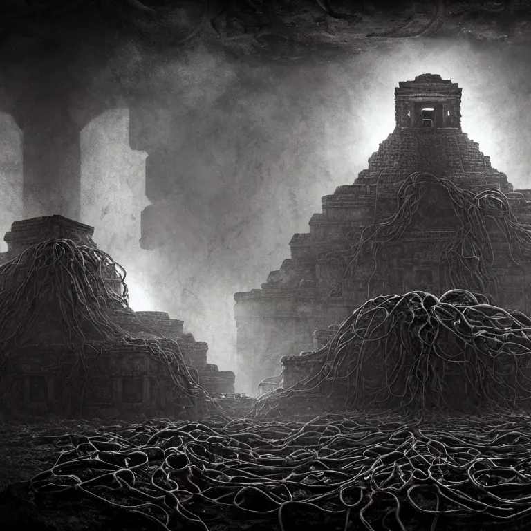 Prompt: still life of abandoned mayan temple on exoplanet, covered with tentacles, roots, wires, tubes, standing in a desolate empty wasteland, lit by a column of light from flying saucer ufo above, baroque painting, creepy, nightmare, dream-like heavy atmosphere, dark fog, darkness, hell, surreal abandoned buildings, baroque painting, beautiful detailed intricate insanely detailed octane render trending on Artstation, 8K artistic photography, photorealistic, chiaroscuro, Raphael, Caravaggio, Beksinski, Giger