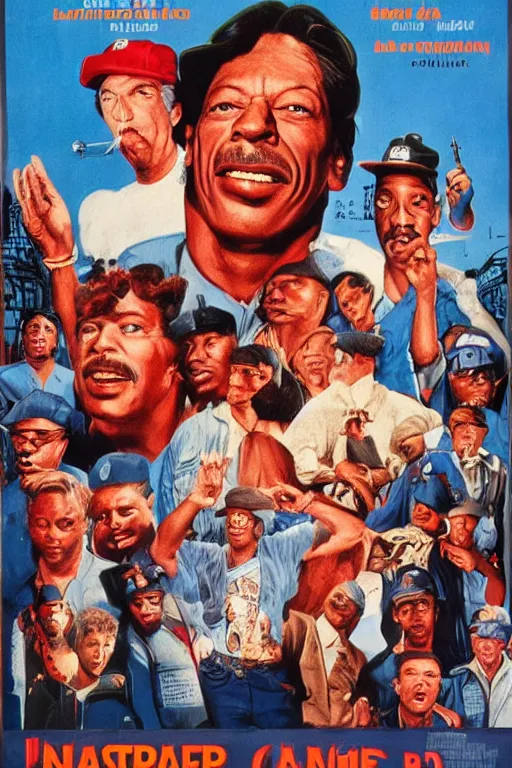 Image similar to vintage movie poster ernest goes to compton, jim varney, gangs, crips, bloods, 1 9 8 2, drew struzan inspiration