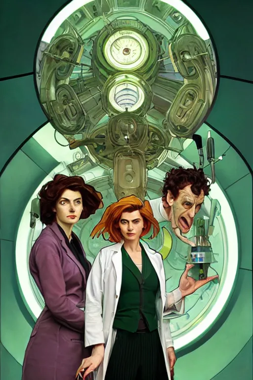 Image similar to doctor who, woman, as a mad dentist, on a plain green background, art by artgerm and greg rutkowski and alphonse mucha