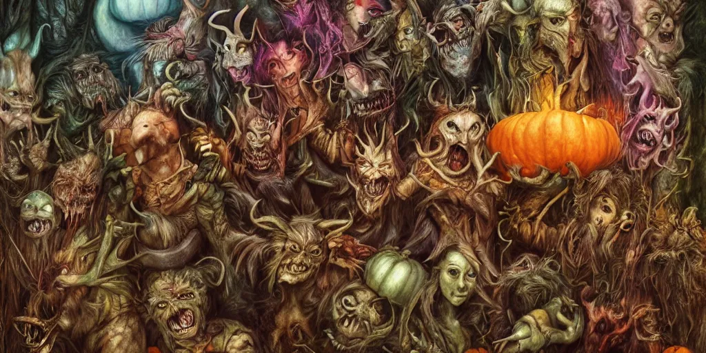 Prompt: the most awesome monster party by brian froud and arthur rackham, devils, demons, multiverse, ghosts, witches, pumpkins, dripping, hyper-realistic, bright and colorful, octane render, 8k, extremely detailed, photorealistic, horror, zbrush art, extreme details, cinematic