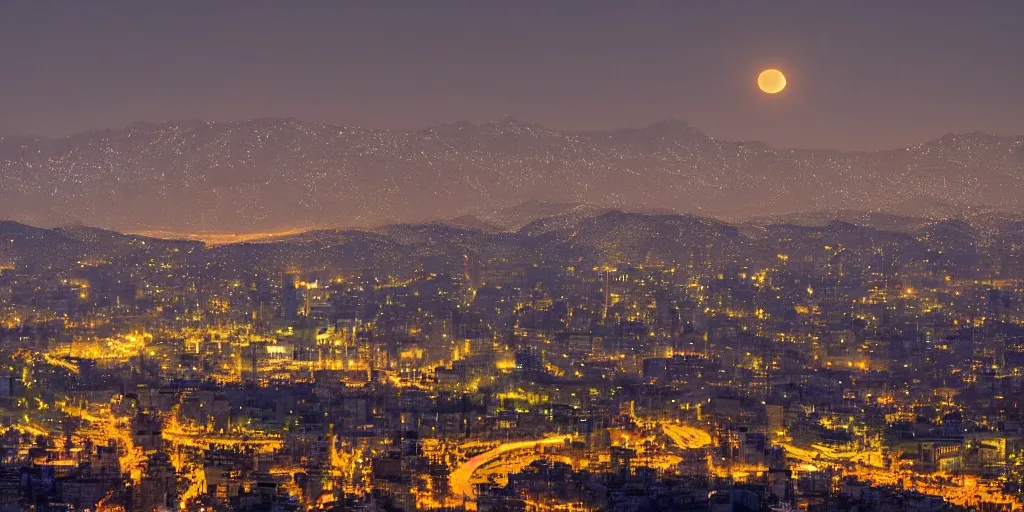 Image similar to a dragon flying in tehran skyline in a winter night, full moon in the sky