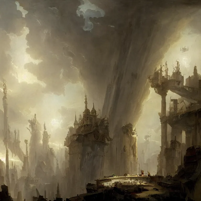 Prompt: a sprawling white fantastical city on the edge of a black hole painted by hubert robert