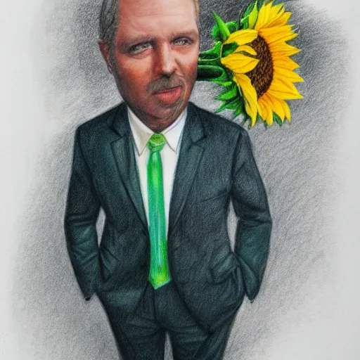 Image similar to full body shot of a man with a sunflower instead of a head wearing a business suit, color pencil sketch