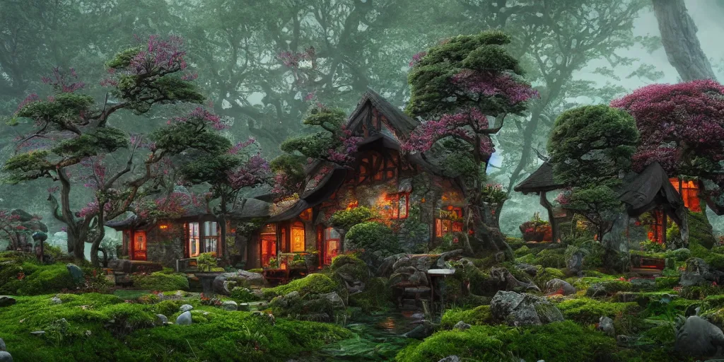 Prompt: Enchanted Irish cottage in a Bonsai garden, richly colored ominous fantasy by Tang Sin Yun, featured on artstation, 3D, digital art, insanely detailed, octane render, unreal engine