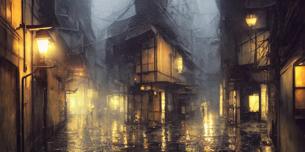 Prompt: quiet tokyo alley at night, raining, dim volumetric lighting, 8 k octane render, hdr, postprocessing, hyperdetailed, intricate, epic composition, cinematic lighting, masterpiece, trending on artstation, stunning artwork by anders zorn, extraordinary art by greg rutkowski