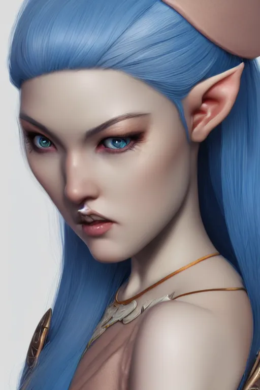 Prompt: a beautiful and highly detailed digital illustration of a female elf with blue hair, a digital painting by lu ji, cgsociety, photorealism, daz 3 d, sketchfab, zbrush