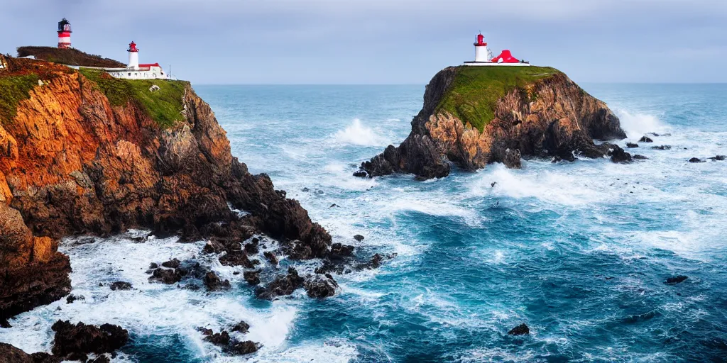 Image similar to coastal ocean setting rocky cliffs, foaming waves, brightly colored houses built on the cliff outcrops, a lighthouse marks the edge of the rocky point, highly detailed matte painting