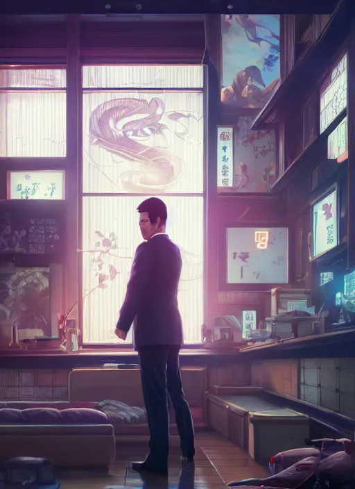 Image similar to highly detailed portrait of yakuza 0, stephen bliss, unreal engine, greg rutkowski, loish, rhads, beeple, makoto shinkai and lois van baarle, ilya kuvshinov, rossdraws, tom bagshaw, tom whalen, alphonse mucha, global illumination, god rays, detailed and intricate environment