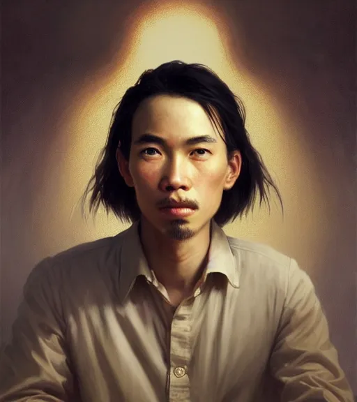 Image similar to highly detailed portrait of a young ho chi minh with long hairs, stephen bliss, unreal engine, fantasy art by greg rutkowski, loish, rhads, ferdinand knab, makoto shinkai and lois van baarle, ilya kuvshinov, rossdraws, tom bagshaw, alphonse mucha, global illumination, radiant light, detailed and intricate environment