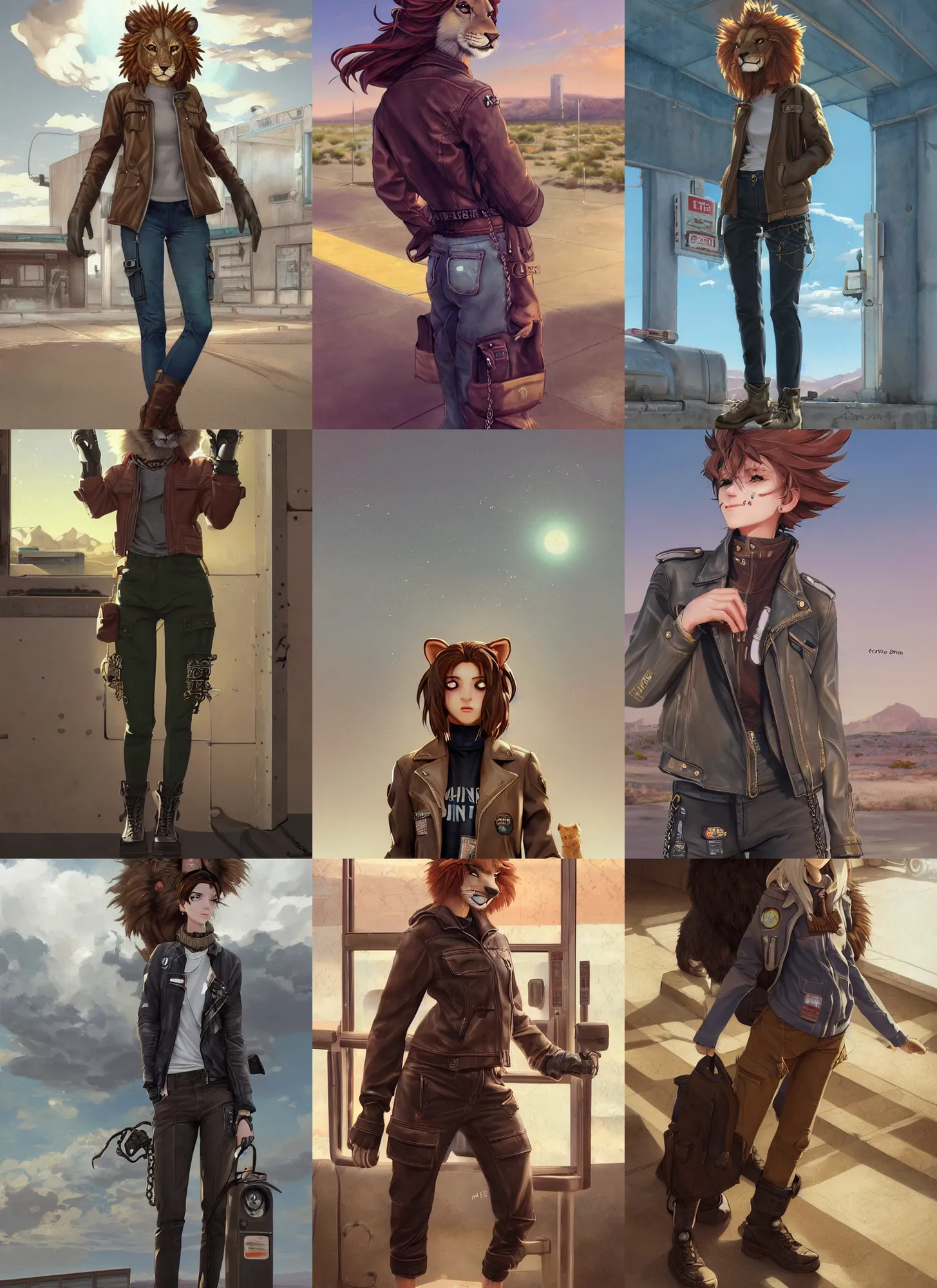 Prompt: beautiful portrait of a female anthropomorphic lion fursona wearing a open leather jacket at an old gas station in the desert. leather gloves. combat boots. cargo pants. pocket chain. character design by charlie bowater, ross tran, artgerm, and makoto shinkai, detailed, soft lighting, rendered in octane