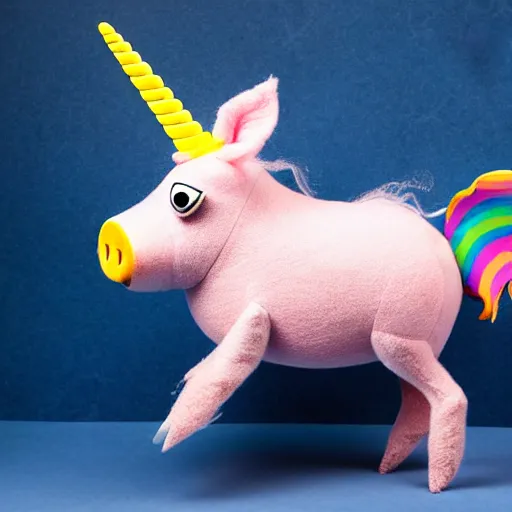 Prompt: studio photograph of a happy flying pig with wings with a unicorn horn depicted as a muppet