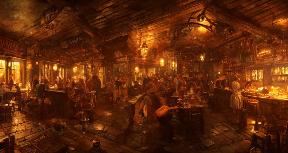 Image similar to alchemy tavern, hyperdetailed, artstation, cgsociety, golden hour 8 k, volumetric lighting