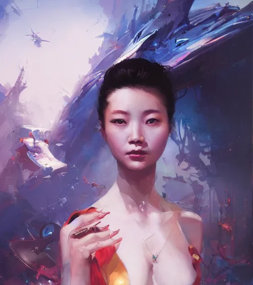 Image similar to Lee Jin-Eun by John Berkey and Peter Mohrbacher, rule of thirds, seductive look, beautiful, in intergalactic hq