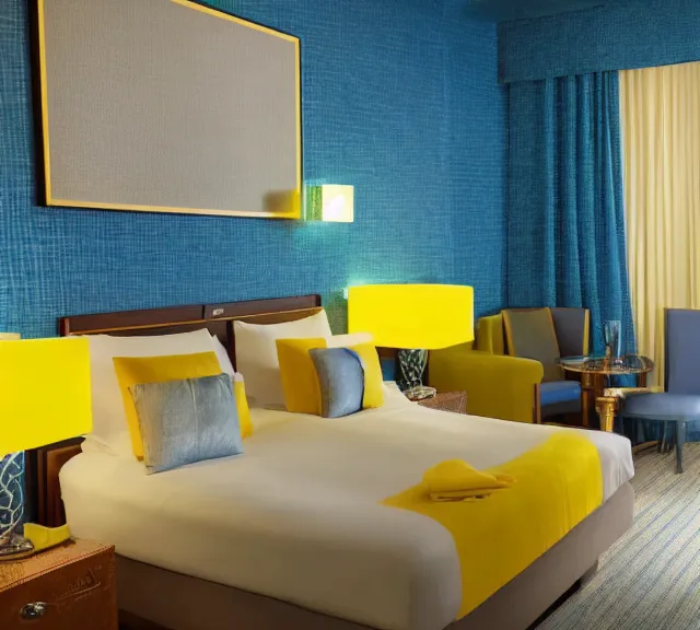 Prompt: a 4 k photorealistic photo hotel room picture of a luxury blue and yellow hotel room suite