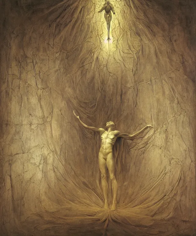 Image similar to The room without doors and windows with beautiful full-body wax sculpture of a glowing transparent woman with visible golden bones inside it in the singularity where stars becoming baroque folds of dark matter by Michelangelo da Caravaggio, Nicola Samori, William Blake, Alex Grey and Beksinski, dramatic volumetric lighting, highly detailed oil painting, 8k, masterpiece