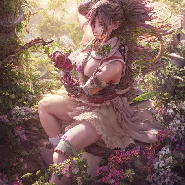 Image similar to the portrait of chaotic good female druid botanist as absurdly beautiful, gorgeous, elegant, young gravure idol, an ultrafine hyperdetailed illustration by kim jung gi, irakli nadar, intricate linework, bright colors, octopath traveler, final fantasy, unreal engine 5 highly rendered, global illumination, radiant light, detailed and intricate environment